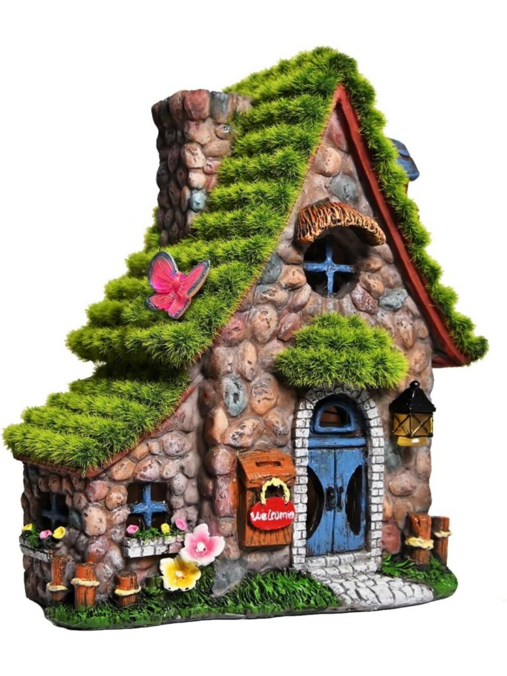 Solar-Powered Fairy House Statue - Whimsical Garden Decor with Flocked Details